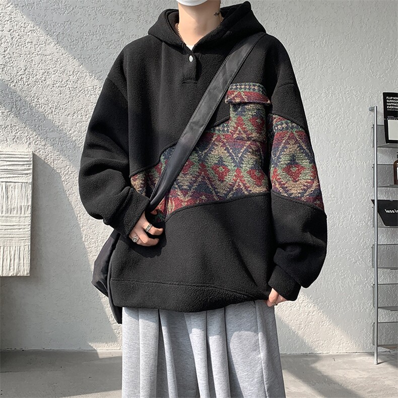 WY10096-P55摇粒绒撞色拼接保暖连帽小众卫衣,男装棉衣,电商A059