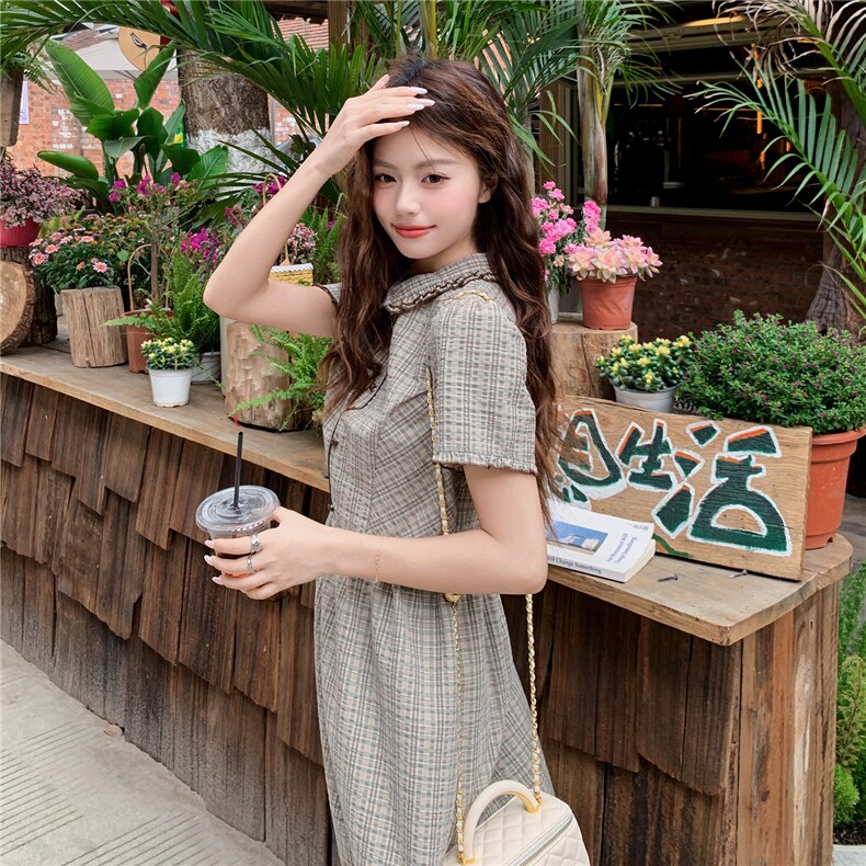 学院风格纹连衣裙女春夏收腰显瘦中长裙格子裙子,女装连衣裙,衣秀之家