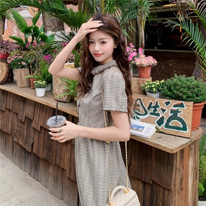 学院风格纹连衣裙女春夏收腰显瘦中长裙格子裙子图片