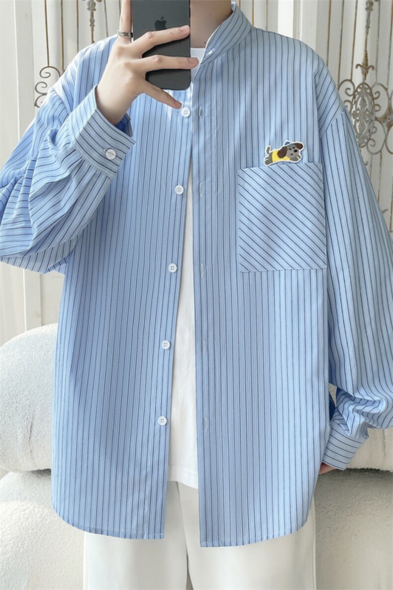 浅蓝色长袖衬衫男生2025年春季青少年大码腊肠狗刺绣长袖衬衣外套,男装衬衫,电商A022