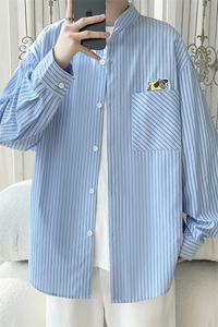 浅蓝色长袖衬衫男生2025年春季青少年大码腊肠狗刺绣长袖衬衣外套图片