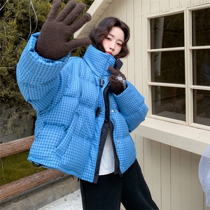 蓝色格子立领短款羽绒服女冬2025超火好看高级小众加厚面包服外套图片