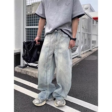 美式复古水洗做旧磨白牛仔裤男女高街潮牌宽松休闲百搭显瘦长裤潮，男装牛仔裤，星座516A