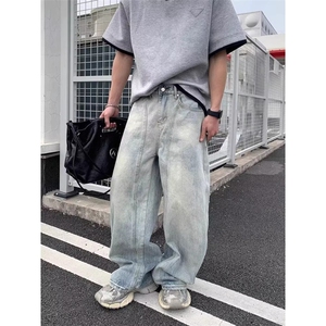 美式复古水洗做旧磨白牛仔裤男女高街潮牌宽松休闲百搭显瘦长裤潮图片