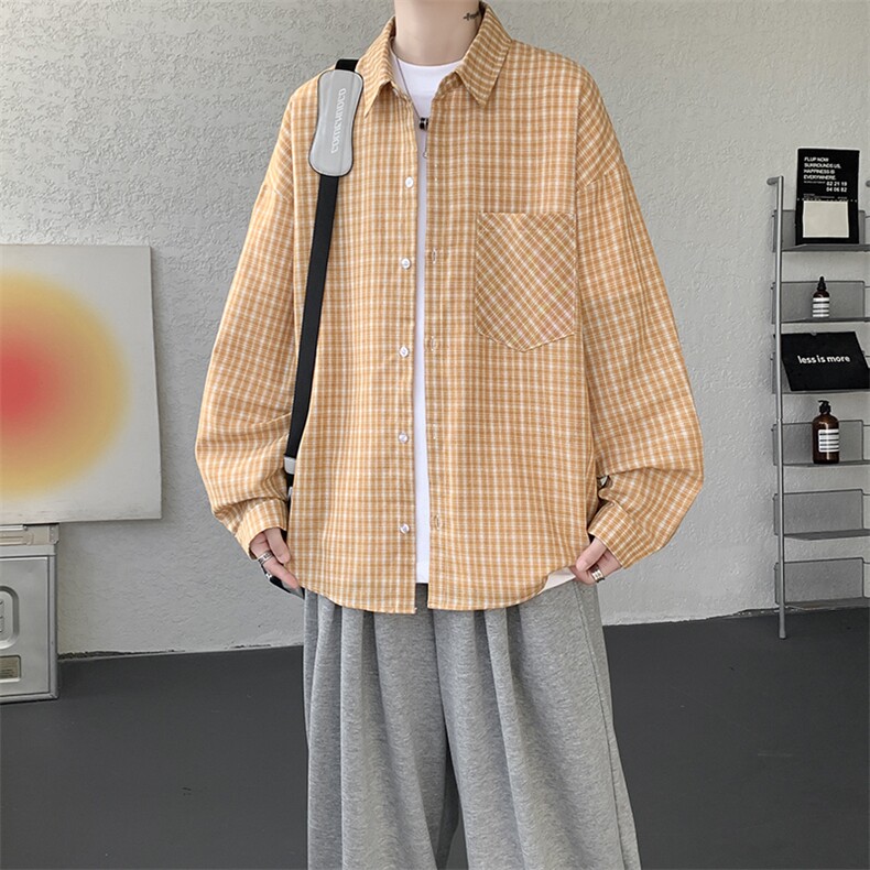 衬衫男春季新款港风宽松格子长袖衬衫CS802-特P28，男装衬衫，星座214-3