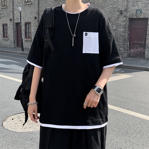 新款夏季宽松情侣胸前口袋日系t恤短袖男撞色假两件 T121-P20图片