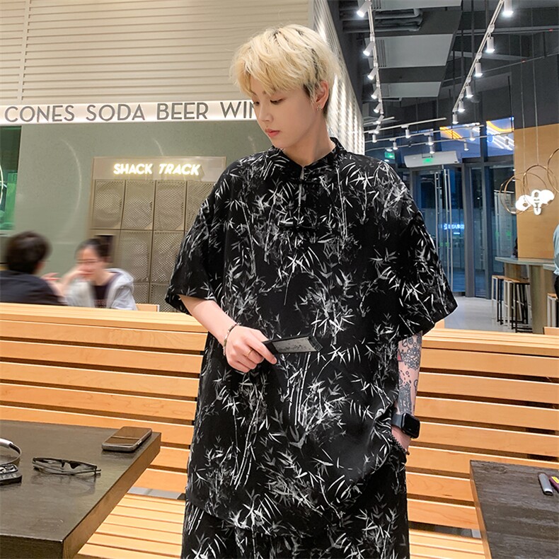 量大优供视频新风竹叶印花冰丝短袖短裤套装男TZ2403-特P50,男装休闲套装,电商A028