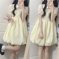 两件套装日系甜美可爱蝴蝶结奶杏色背带连衣裙女学生+娃娃领衬衫，女装套装/套裙，星座506A