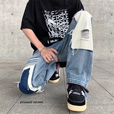 B221美式ins高街小众个性乞丐裤直筒破洞牛仔裤LK23099-P65控88，男装牛仔裤，电商B221