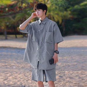 夏季套装男高品潮牌五分袖衬衫短裤大码两件套DSA157B-C71-P85图片