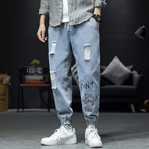2021春季新日系大码美式破铜印花束脚九分牛仔裤男N8106-P55图片
