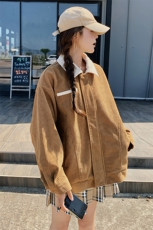 美式复古驼色灯芯绒外套女春秋独特漂亮休闲减龄超火好看夹克上衣，女装短外套，浙宝189