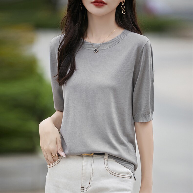 法式轻薄圆领针织短袖T恤女简约宽松休闲纯色正肩半袖百搭上衣夏,针织衫/毛衣,丹芙娇羊绒