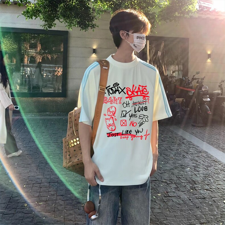 抖音得物品质二开240克宽松纯棉美式潮牌印花三条杠中性风短袖T恤,男装T恤,电商A486