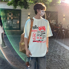 抖音得物品质二开240克宽松纯棉美式潮牌印花三条杠中性风短袖T恤，男装T恤，电商A486