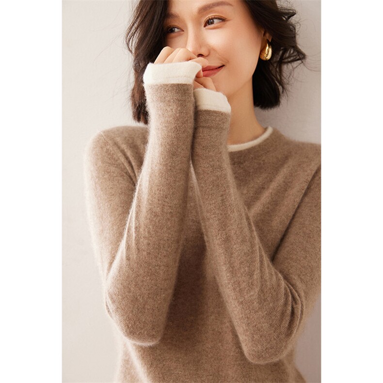 亲肤软糯拼色圆领加厚山羊绒衫女秋冬宽松套头毛衣针织羊毛打底衫,女装羊绒衫,琳华羊绒
