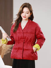 2025冬装新款90白鸭绒新中式盘扣V领羽绒服外套，女装羽绒服，雪樱依海