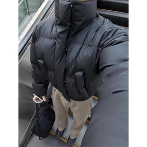 现货5W件冬季三防重磅硬挺boxy短款羽绒立领PU皮棉衣外套加厚棉服图片