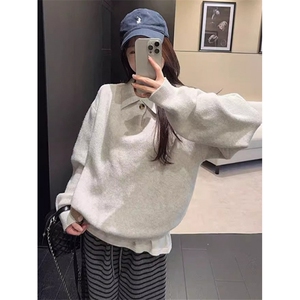 灰色polo领长袖针织衫毛衣女秋冬季宽松内搭打底衫上衣 MG15图片