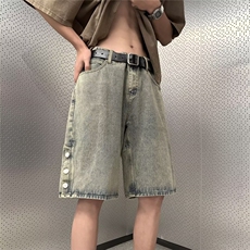 排扣牛仔短裤男夏季黄泥色水洗做旧马裤美式高街复古宽松五分裤子，男装牛仔裤，星座506A