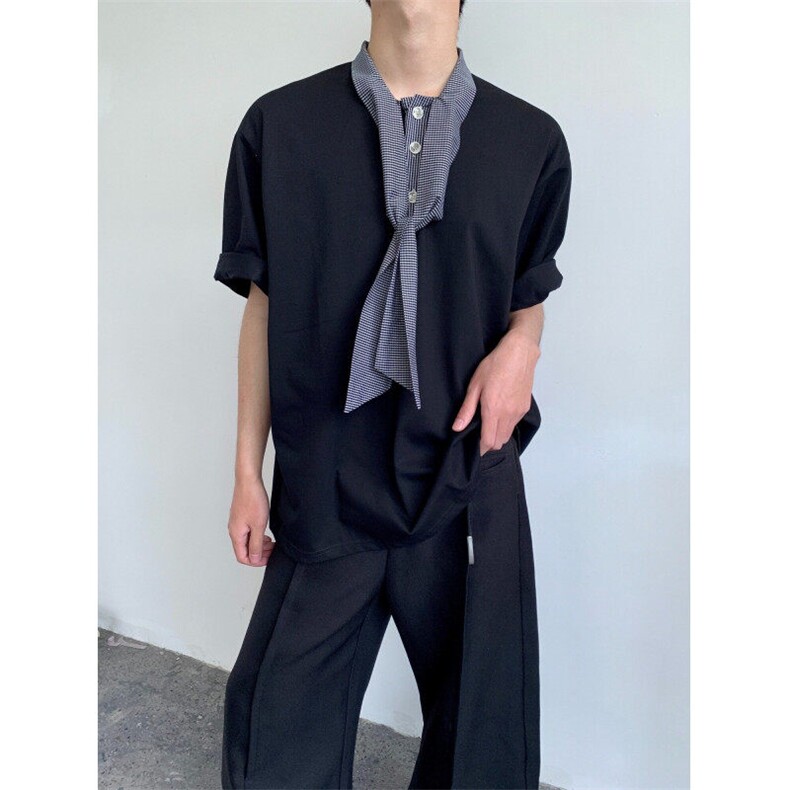 夏季松弛感飘带丝巾领拼接短袖polo衫男宽松领带T恤T81-P40,男装Polo衫,星座1001-1