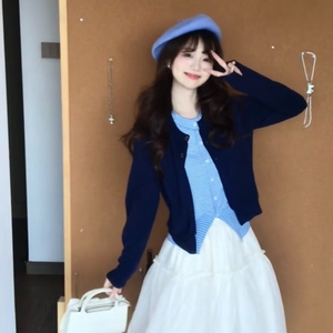 2025秋冬纯色开衫拼接假两件毛衣女宽松美式学院风针织外套图片