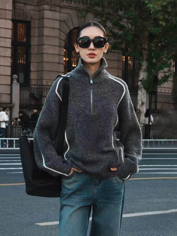 秋冬新款纯色半高拉链领时尚休闲百搭，女装针织衫/毛衣，悦玛羊绒