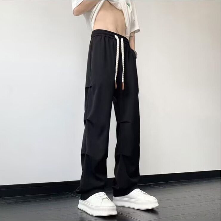 黑色休闲裤男秋季新款美式潮牌褶皱堆积垂感工装直筒裤夏季长裤子,男装工装外套,星座506A
