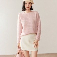 新款纯色长袖圆领针织衫时尚休闲简约风，女装针织衫/毛衣，鸥蕊娅羊绒