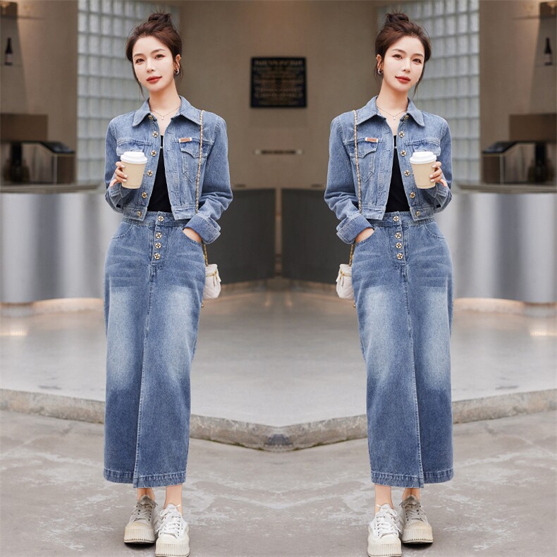 时尚显瘦牛仔套装女 气质百搭长裤外套两件套图片
