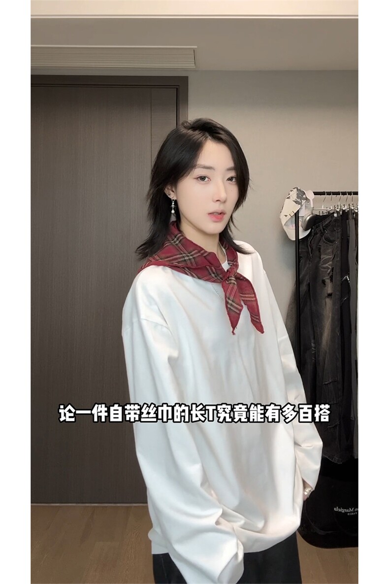 格子领巾长袖T恤秋季5QZ4079-TP25不美式方巾宽松大码上衣女,男装T恤,电商A102