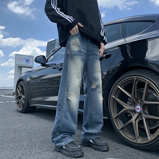 水洗做旧复古破洞牛仔裤潮hiphop裤子男小众设计感直筒裤美式高街，男装牛仔裤，星座410-7