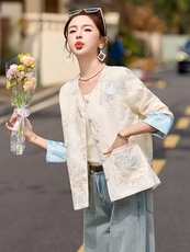 时尚蕾丝刺绣新中式国风外套女2025春夏新款薄款防晒长袖开衫上衣，女装短外套，伊仟回