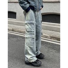 B221美式ins高街重工艺宽松做旧工装牛仔裤子LK23143-P80控108，男装牛仔裤，电商B221