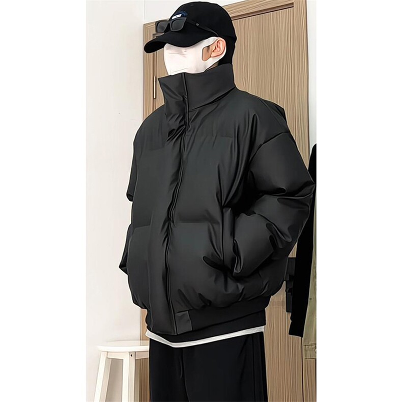 现货5W件冬季三防重磅硬挺boxy短款羽绒立领PU皮棉衣外套加厚棉服,男装棉衣,电商A486-1
