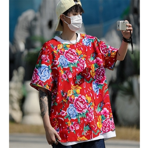 HT202男士夏大码人棉大花红黑圆领短袖透气凉爽TEE恤棉纱风图片