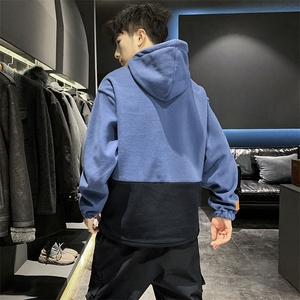 2021春秋季男拼接连帽卫衣青年宽松日系大码长袖摇粒绒上衣潮P45图片