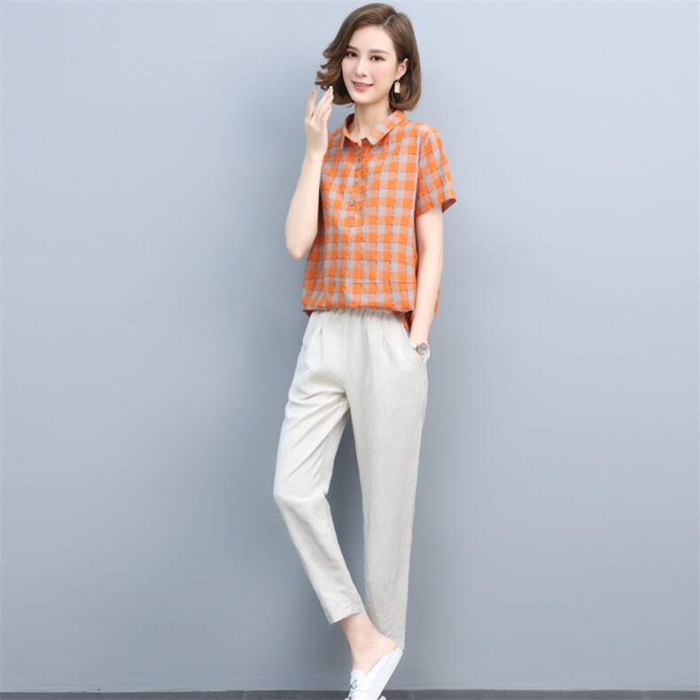 短袖格子衬衫女夏2021新款韩版宽松显瘦拼接套头百搭衬衣女上衣棉,女装套装/套裙,璐依舞