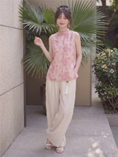 2026年夏季休闲风女优雅淑女通勤日常印花压皱新中式两件套，女装套装/套裙，曼琳思菲