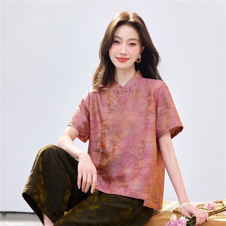 长期现货2026新中式印花上衣女夏季薄款透气短袖衬衫中老年妈宽松,女装衬衫,璐依舞