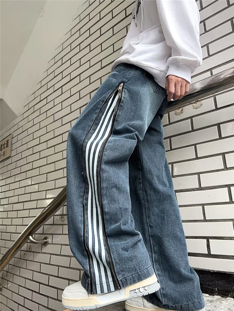 条纹拼接阔腿牛仔裤重工复古拉链工装牛仔长裤 XN859-P55图片
