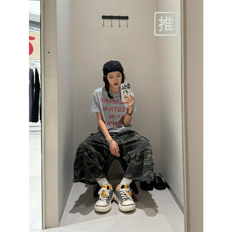网图有货美式复古迷彩工装裤男女宽松直筒阔腿七分裤A374-P50,男装休闲裤,星座1505