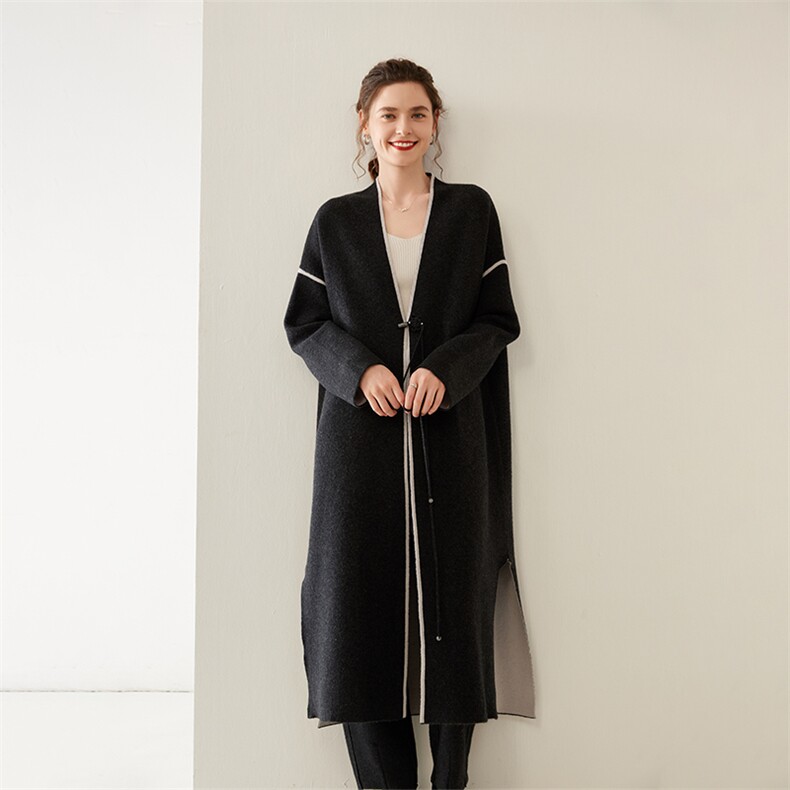 开衫女中长款V领秋冬慵懒软糯休闲宽松保暖羊绒大衣，女装羊绒大衣，雪山红莲