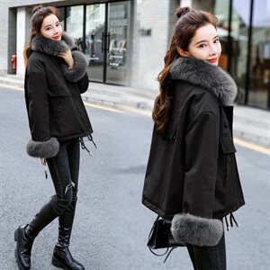 棉衣/棉服2021新款冬兔毛中长款工装带帽棉服女外套配毛领图片