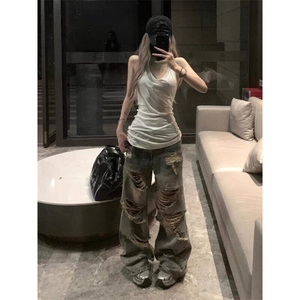 美式高街大破洞牛仔裤女夏ootd穿搭裤子辣妹宽松乞丐裤LA2044-P45图片