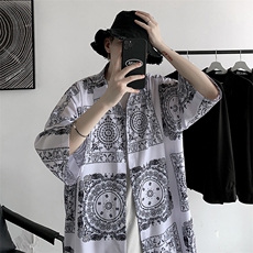 夏装男印花冰丝短袖衬衫青少年潮流宽松碎花衬衣A071-C16-P35，男装衬衫，电商A071