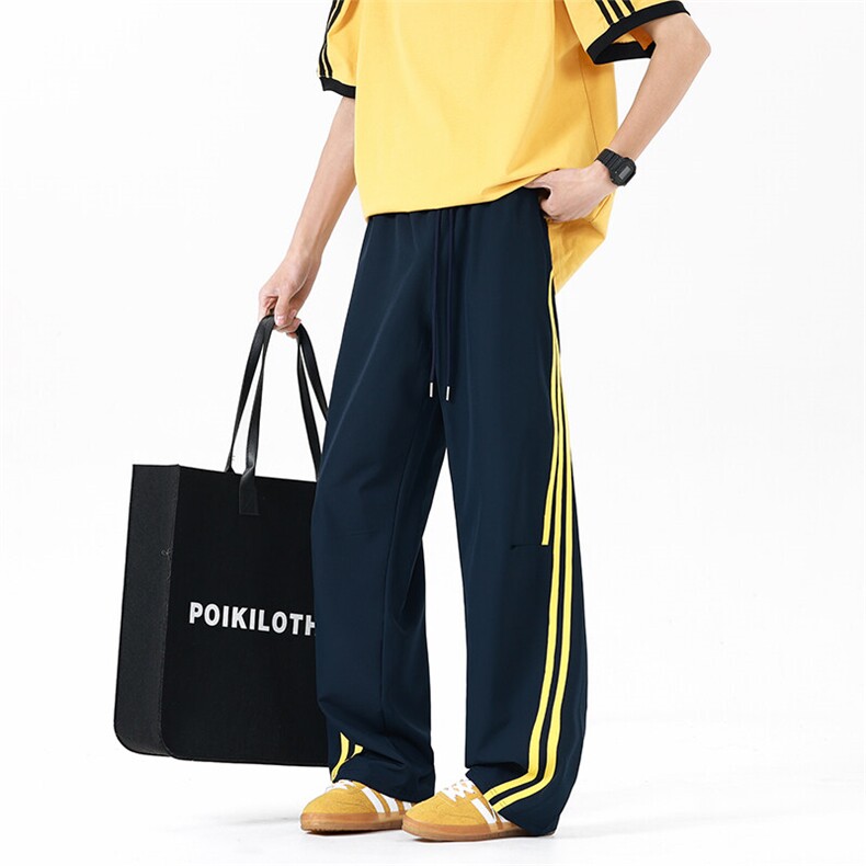 GENIOLAMODE冰丝凉感运动休闲裤子男士夏季薄款宽松直筒美式条纹，男装休闲裤，星座214-3