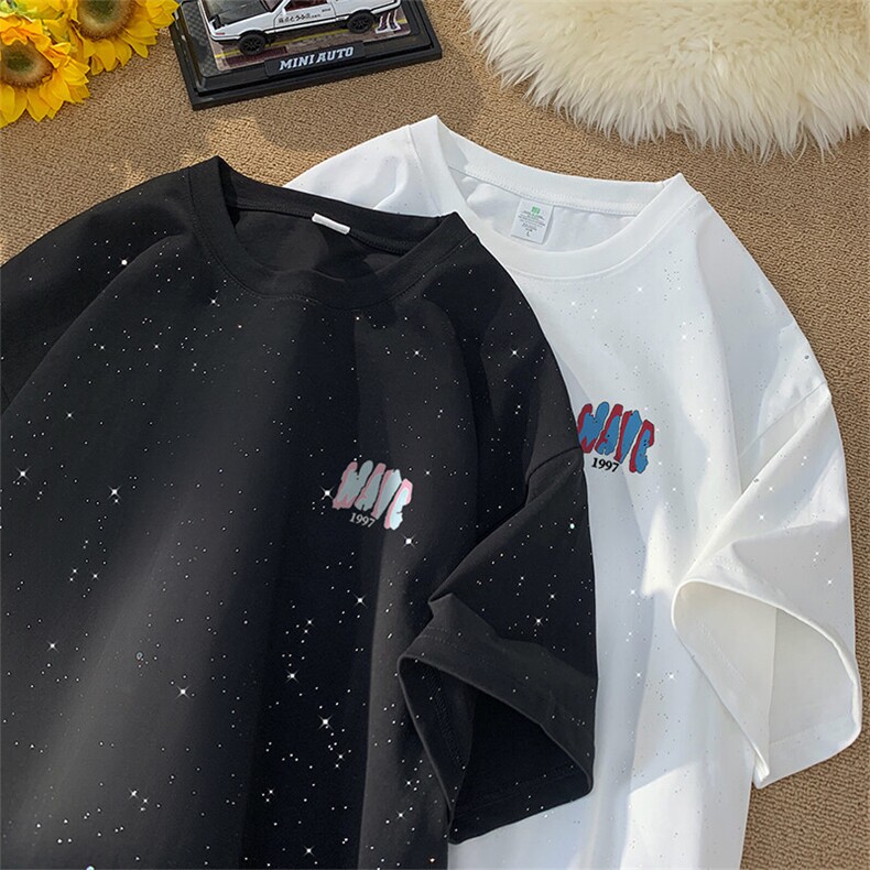 可48小时发货支持抖音得物来样二开美式满天星亮片短袖T恤MTX660,男装T恤,电商A486-1