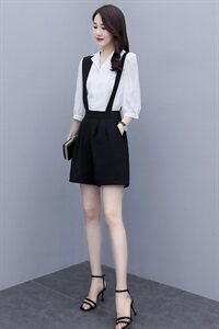 2021夏款新款西装领灯笼袖衬衫+高腰阔腿裤背带裤套装图片