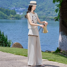 （新款现货）2026夏装时尚莱赛尔蕾丝刺绣马甲+屁帘阔腿裤两件套，女装套装/套裙，印象茜